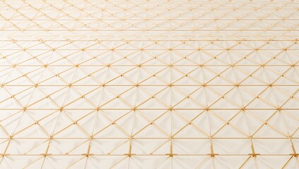 Displaying golden rod lattice with nodes spanning ceiling at museum, casting shadows on membrane