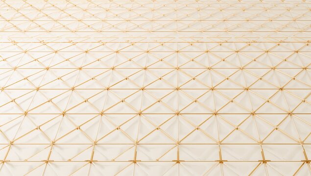Displaying golden rod lattice with nodes spanning ceiling at museum, casting shadows on membrane