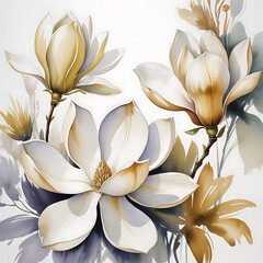 Delicate watercolor magnolia blossoms with soft petals and subtle hues