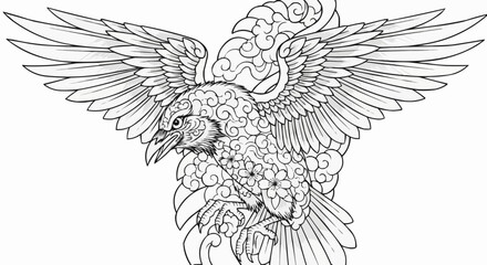 Detailed drawing of a majestic raven with outstretched wings in flight.