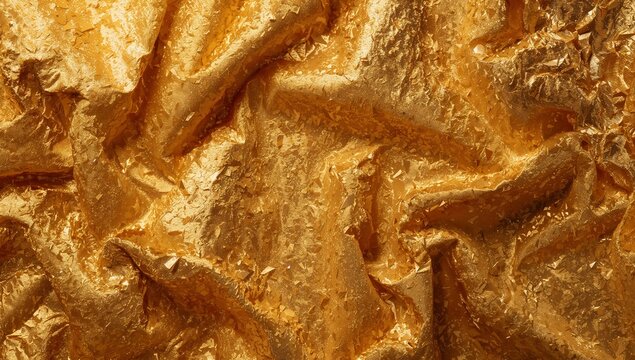 Filling frame, crumpled metallic gold sheet displaying torn flakes and reflective creases in studio