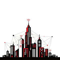 Obraz premium Smart city skyline with network connection lines. Urban technology and wireless communication concept. Modern flat design vector illustration isolated on transparent background