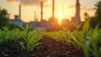 Plant sprouts grow in soil against factory silhouette at sunset. Concept eco-friendly production eco agriculture and sustainable development. Green energy usage reduces environmental impact