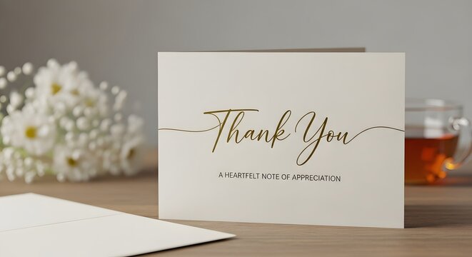 An elegant thank you card with gold cursive lettering sits on a desk next to white flowers and a cup of tea, expressing heartfelt appreciation