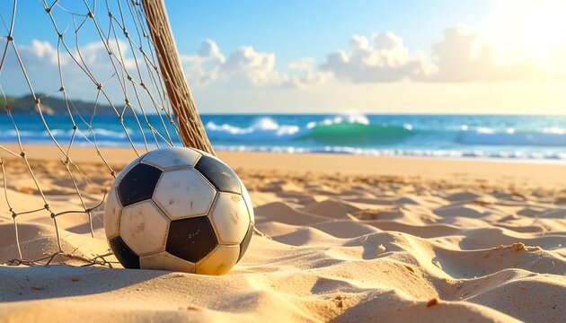 A soccer ball sits in soft sand next to a goal net with ocean waves and blue sky in the background