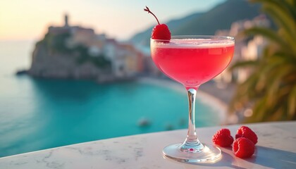 Pink clover club cocktail with raspberries sits on marble table. Tropical seaside town view at sunset. Relaxing vacation drink with ocean backdrop. Enjoying refreshment, leisure time.