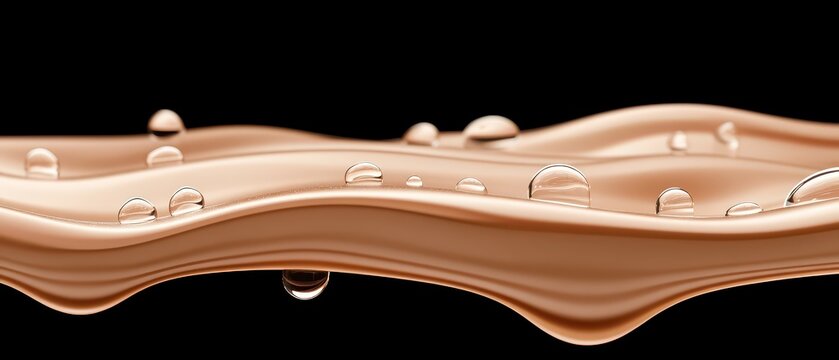 Pure clear water droplets gently rest on a smooth shiny flowing rose gold liquid wave against a deep dark background.