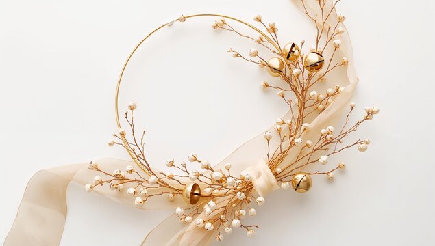 Resting gold hoop wreath on white table with beige ribbon, white bud branches and three bells