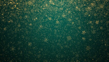 Shimmering field of gold snowflakes and glitter drifting across deep teal green gradient backdrop