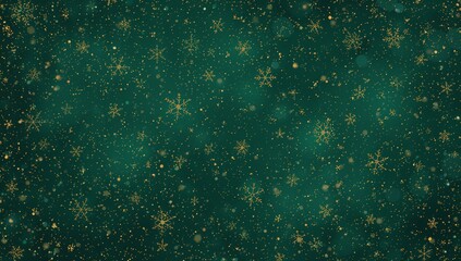 Showing stylized gold snowflakes filling emerald textured background, with gold glitter bokeh