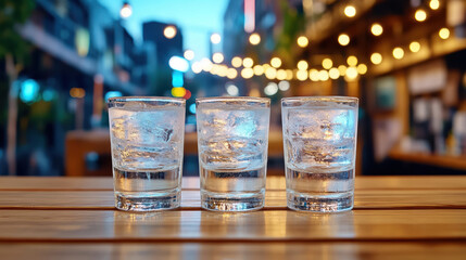 Three clear soju shot glass with ice on wooden bar at night with festive lights