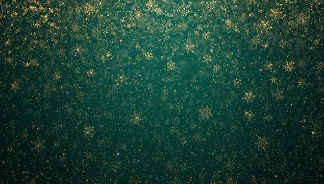Shimmering field of gold snowflakes and glitter drifting across deep teal green gradient backdrop