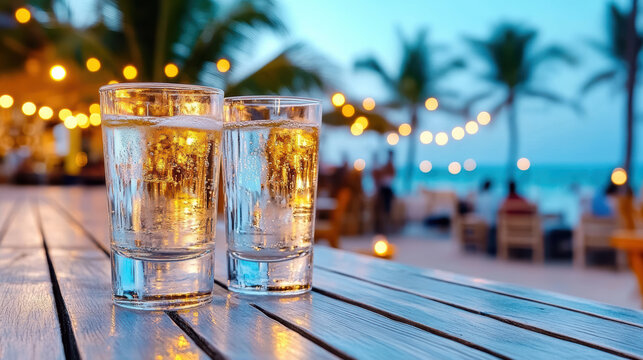Two shot glass cocktail beach bar tropical evening lights celebration friends neon soju cheers
