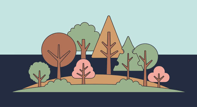 Whimsical trees in a colorful forest landscape perfect for children's books, cheerful designs, or eco-friendly branding projects