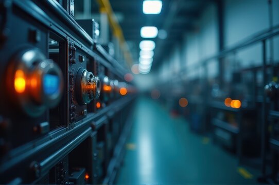 high-tech production line with glowing lights inside modern factory. industrial equipment in row creates futuristic perspective. technology and manufacturing concept. - Powered by Adobe