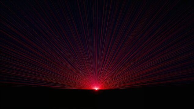 Emitting central red point light casting thin radial beams across night plain, silhouetted horizon - Powered by Adobe