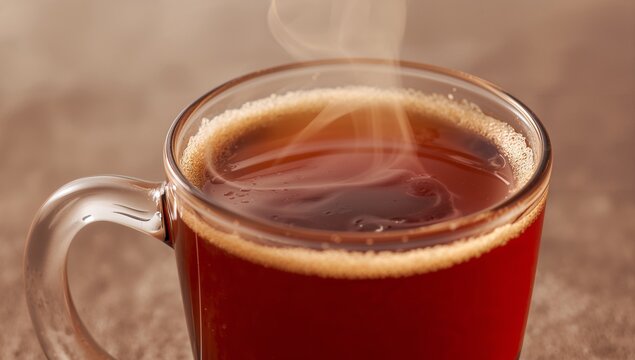 Steaming clear glass mug sitting on textured tabletop, showing dark coffee crema and highlights