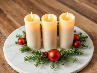 Three lit pillar candles on white marble tray, festive decor