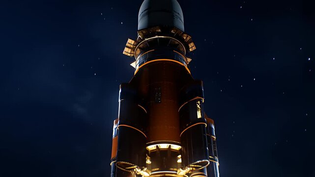 Rocket launch sequence ignition with fiery engine exhaust in deep space