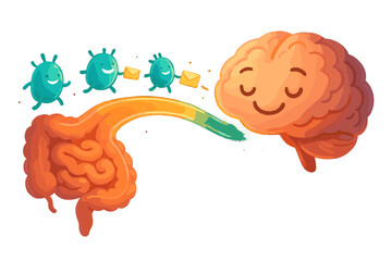 Gut-Brain Connection. Gut-brain axis illustrated as a glowing bridge with happy microbes carrying messages to a smiling brain No