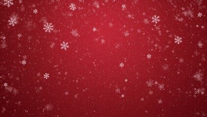 Falling white snowflakes drifting across red gradient backdrop, with bokeh particles and vignette