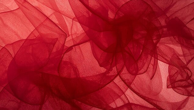 Displaying sheer red tulle draping over studio table, revealing folded layers and woven texture - Powered by Adobe