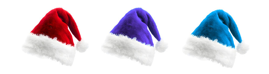 PNG image of Festive red purple and blue santa hats with white fur trim perfect for christmas...