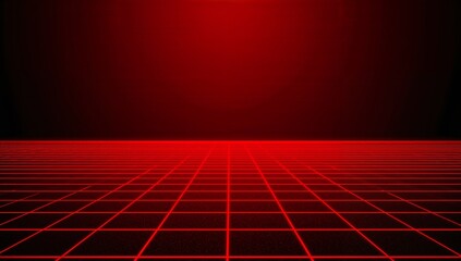 Glowing neon red grid lines stretching toward central red glow on digital void, with speckled floor