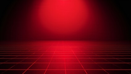 Glowing neon grid floor stretching toward horizon on retro stage, reflecting red circular spotlight