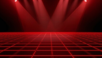 Glowing stylized red neon grid floor stretching toward low horizon in studio, with red spotlights