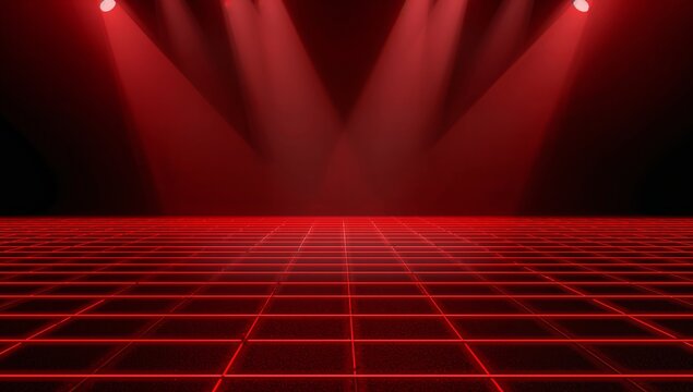 Glowing stylized red neon grid floor stretching toward low horizon in studio, with red spotlights