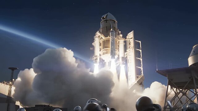 Space shuttle launch from launchpad with astronauts watching, space voyage beginning