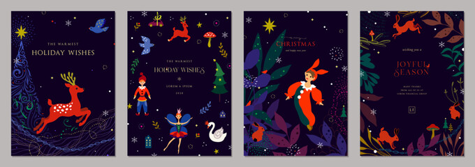 Magical Christmas cards. Winter Holiday templates with decorative Christmas Tree, ballerina, Elf, rabbits, dove, reindeers, stars, snowflakes, swan and floral frames with copy space and greetings.