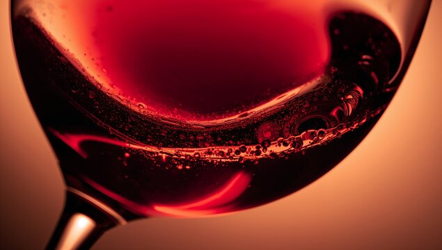 Focusing stemmed wine glass bowl showing red liquid meniscus and tiny bubbles under warm backlight