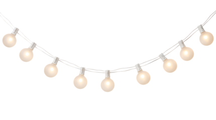 full view round snow-white bulb string lights, frosted texture, soft winter glow, minimalistic design, isolated on white background