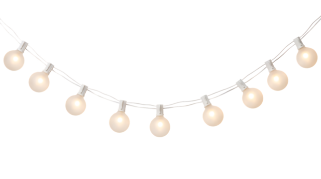 full view round snow-white bulb string lights, frosted texture, soft winter glow, minimalistic design, isolated on white background