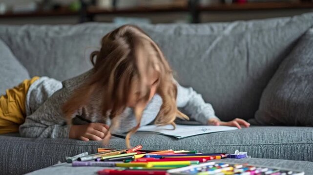 of a young, focused school girl comfortably doing her homework and studying while sitting on a couch at home