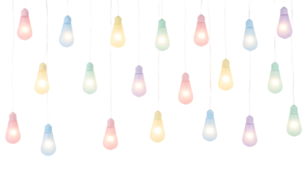 full view pastel color bulb lights, soft matte shine, dreamy party ambiance, evenly arranged, isolated on pure white background