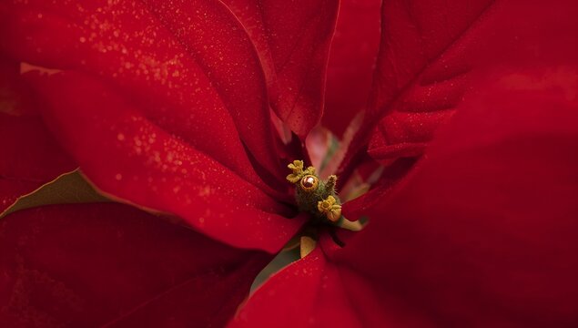 Highlighting red poinsettia bracts revealing central cyathia cluster in close-up, with gold specks