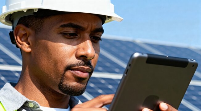 An engineer examines technical data on tablet in a field of solar panels, capturing the essence of renewable energy and technological innovation.