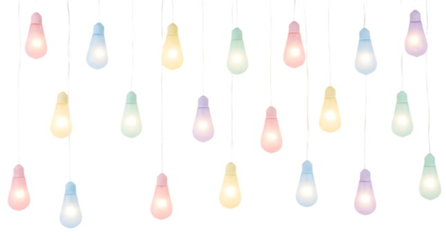 full view pastel color bulb lights, soft matte shine, dreamy party ambiance, evenly arranged, isolated on pure white background