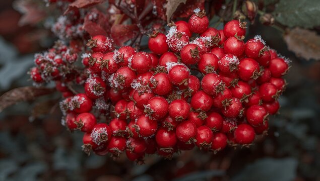 Displaying cluster of bright red berries with dried calyxes, frost and droplets on garden shrub