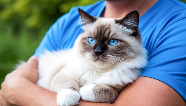Man tenderly holding his gorgeous Birman cat with striking blue eyes, showing a bond between human and pet