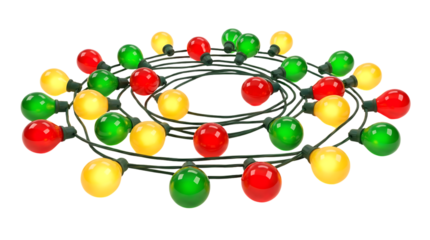 full view christmas-themed bulb string, red green yellow bulbs, smooth glossy finish, soft illumination, isolated on clean white background
