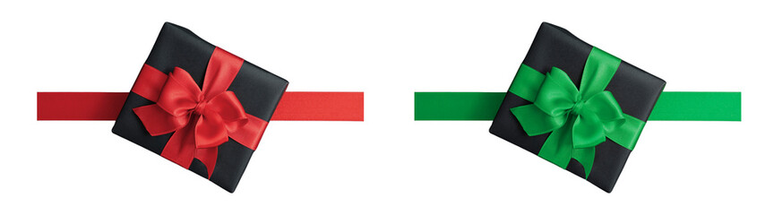 PNG image of Two black gift boxes with red and green ribbons for christmas or birthday celebrations and special occasions are displayed on transparent background
