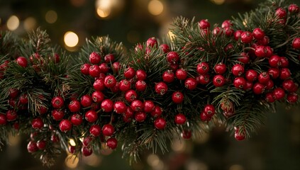 Displaying horizontal evergreen garland on mantel, showing glossy red berries, needles, warm lights