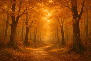 Golden Autumn Forest Pathway for Travel, Nature & Seasonal Marketing