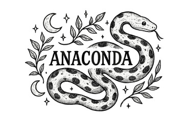 Obraz premium Anaconda and Moons. Hand-drawn anaconda with moons, vines, and sparkles, center word “Anaconda” in black and white isolated