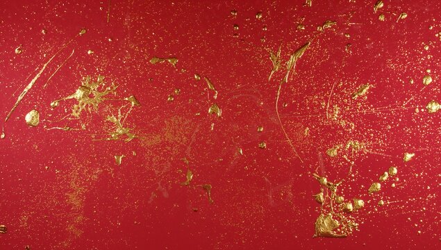 Displaying abstract red painted surface featuring gold splatters, glitter, impasto in studio