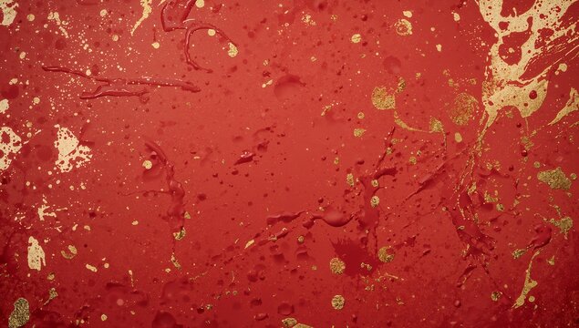 Displaying red painted surface showing glossy droplets and metallic gold flakes in studio close-up